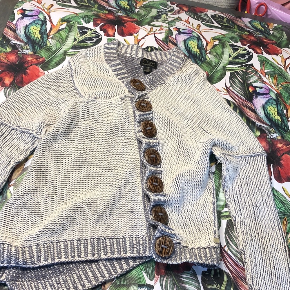 Pure Handknit Puritan Two-Tone Cream and Light Gray Knit Button-Front Cardigan